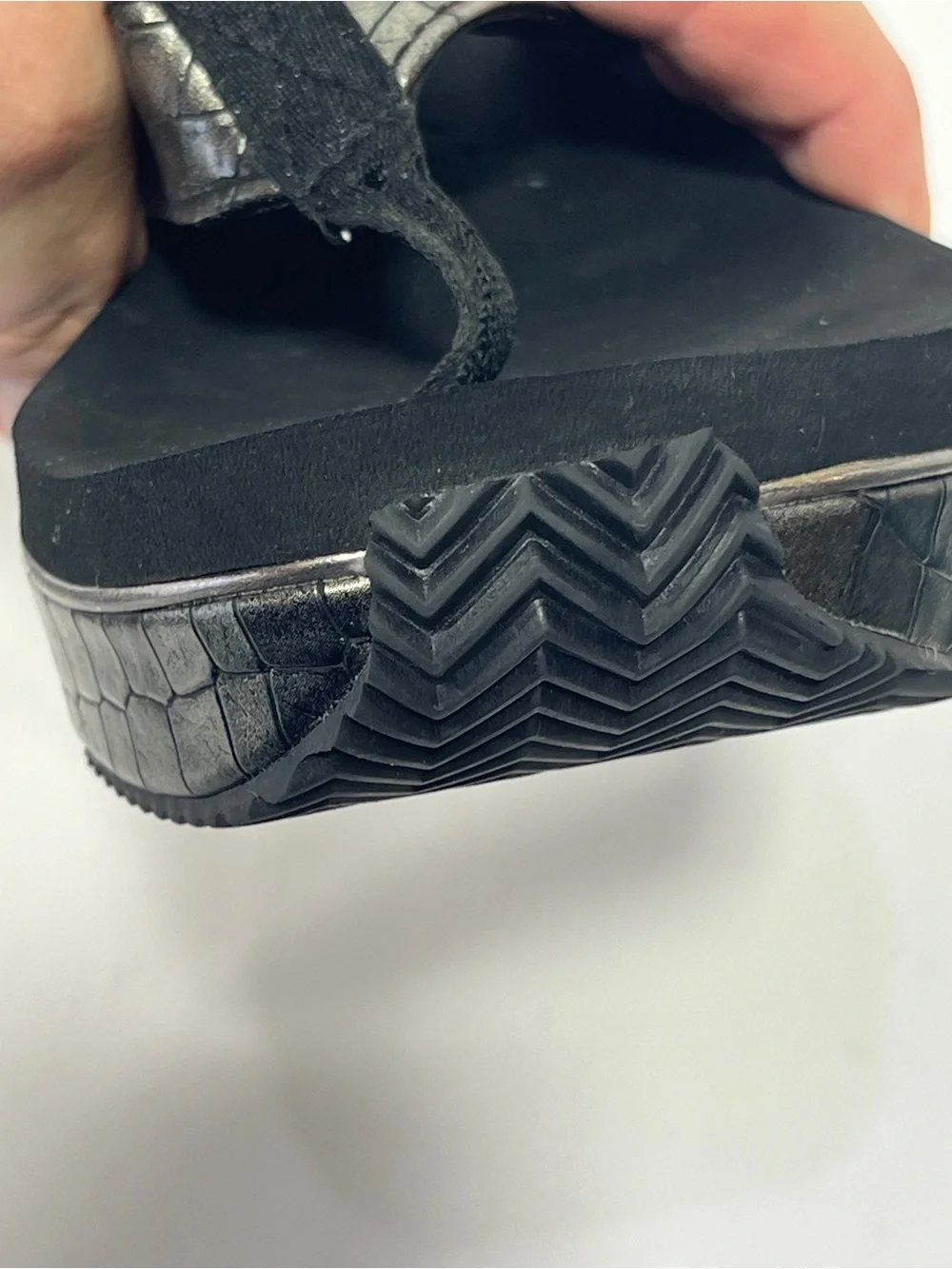 Volatile Metallic Black Croc-Embossed Wedge Thong Sandals